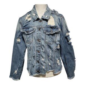 Cello Distressed Moto Jean Jacket Size 3X Blue Denim Ripped Frayed Destroyed